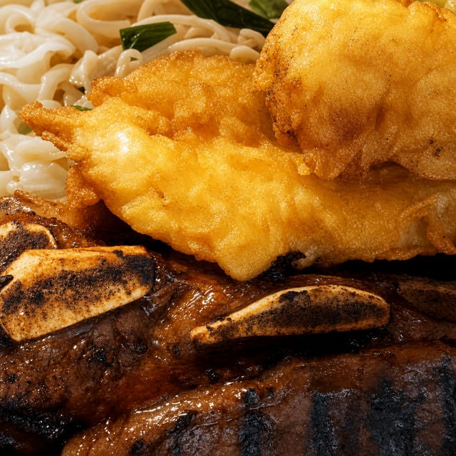 Kalbi and Shrimp Tempura.